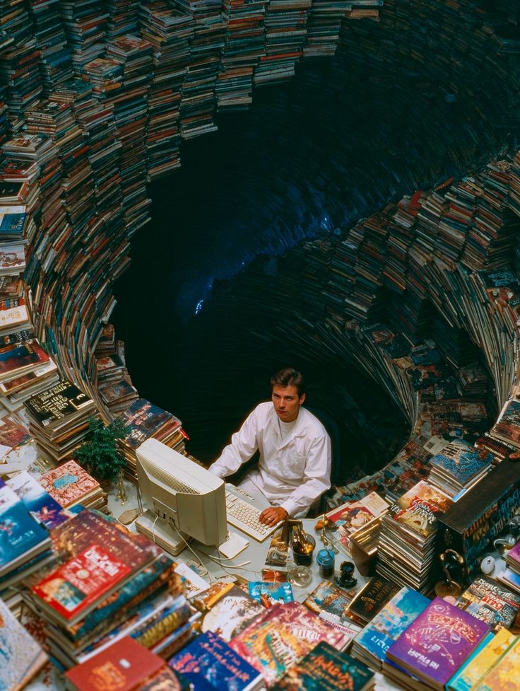 Surreal image of a person working at a computer inside a swirling tunnel of stacked books