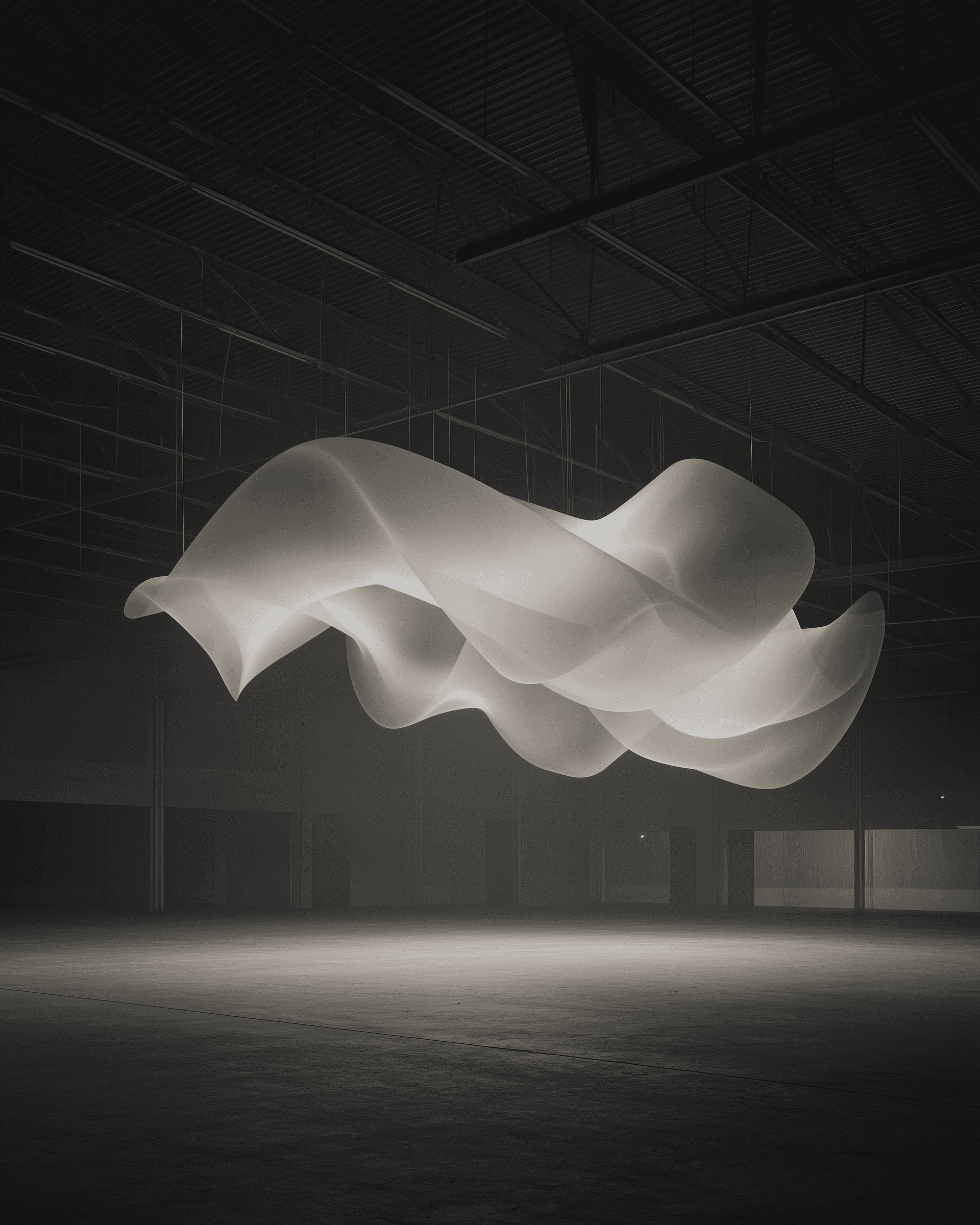 A translucent, flowing installation suspended in a dimly lit industrial warehouse, creating a serene and ethereal atmosphere.