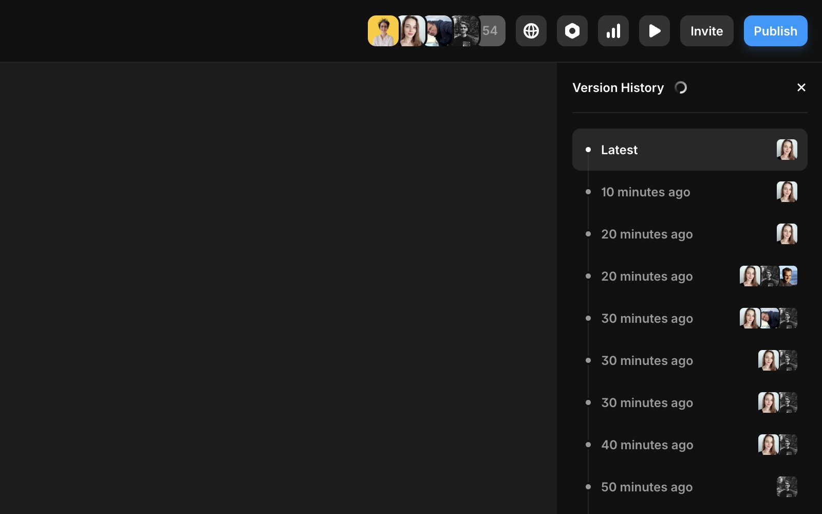 Screenshot showing the version history panel of a Framer project.