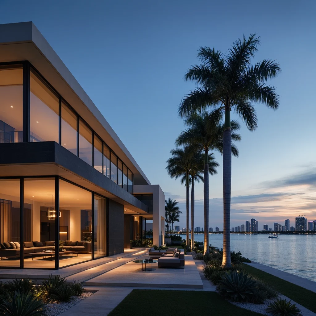 Twilight exterior view of a modern luxury waterfront estate on the Venetian Islands, featuring floor-to-ceiling glass walls, an illuminated outdoor lounge patio, tall royal palms, and views of the city skyline across the bay