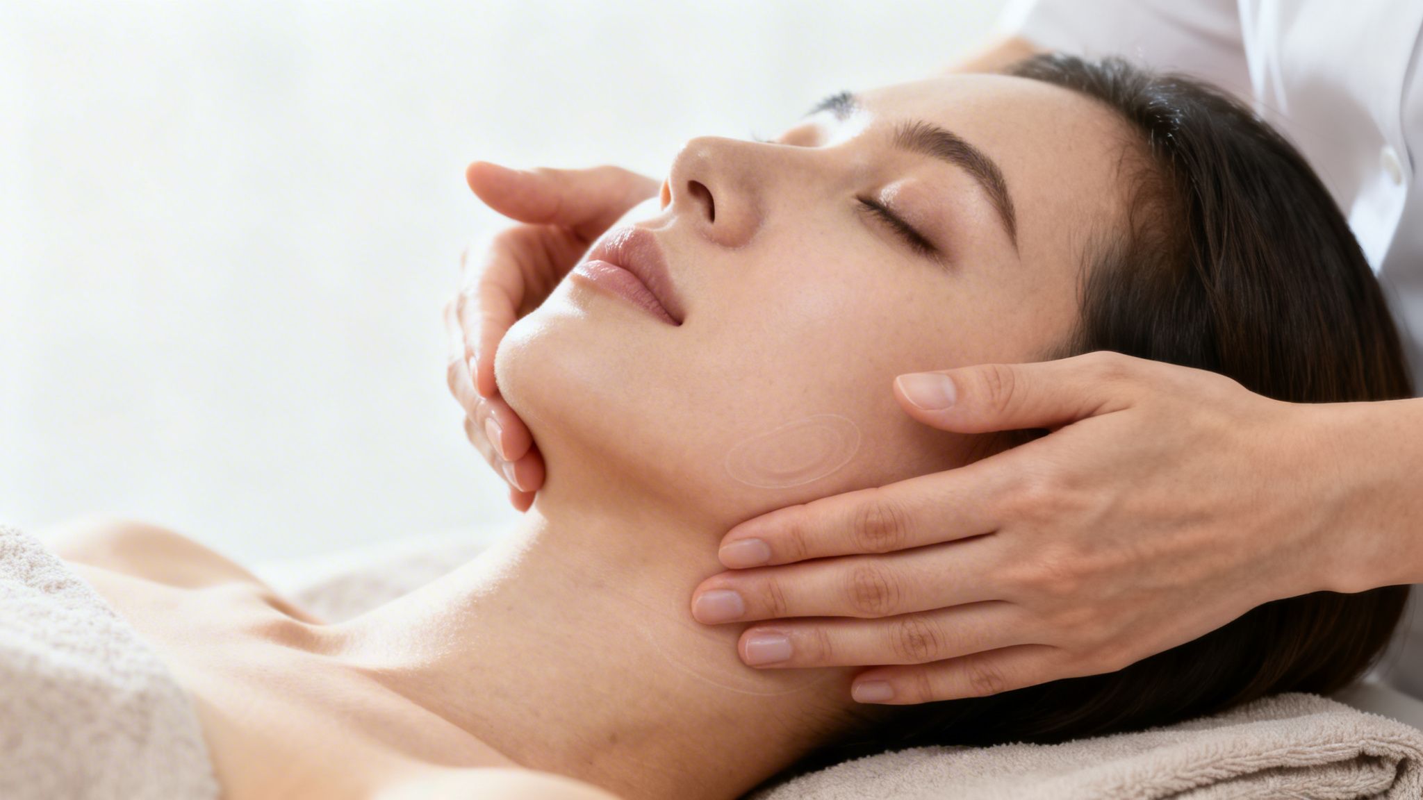 A woman with closed eyes receiving a soothing lymphatic drainage facial massage at a spa.
