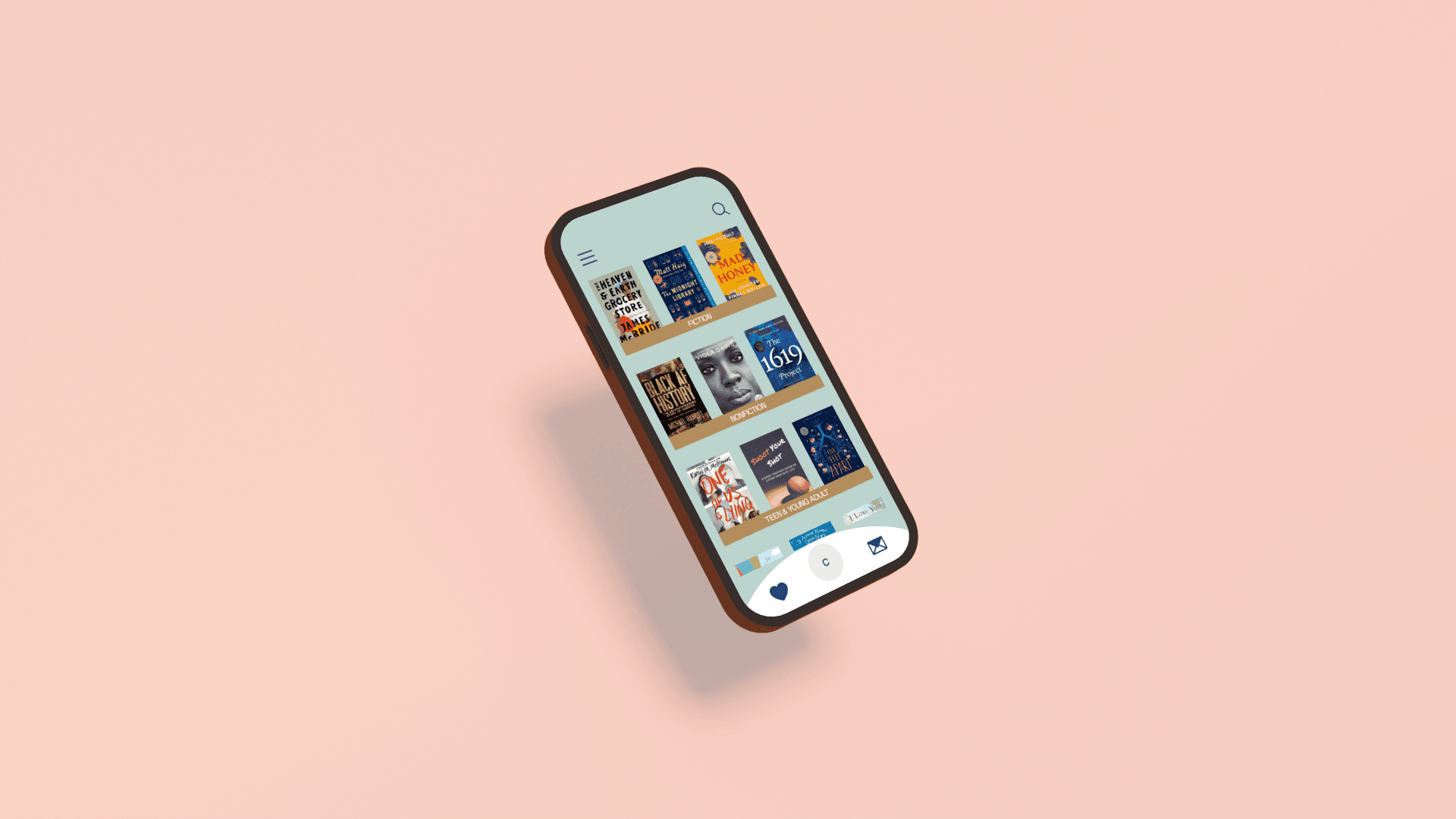 a mockup of a phone with the novelxchange ui, which features books on shelves sorted by genra