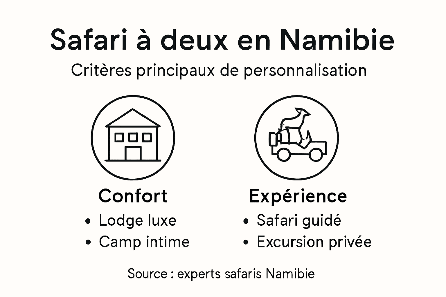 Découvrez notre infographie dédiée à la personnalisation d’un safari sur mesure pour les couples en Namibie.