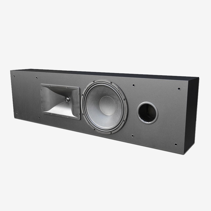 Black speaker with a horn tweeter, woofer, and port.