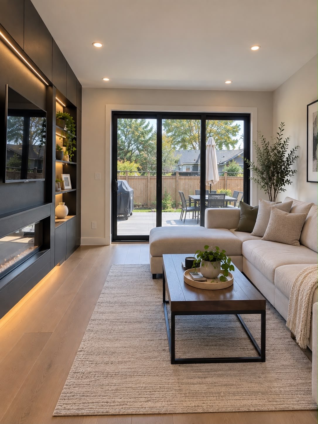 Modern living room with abstract art, beige sectional sofa, indoor plants, and large windows.