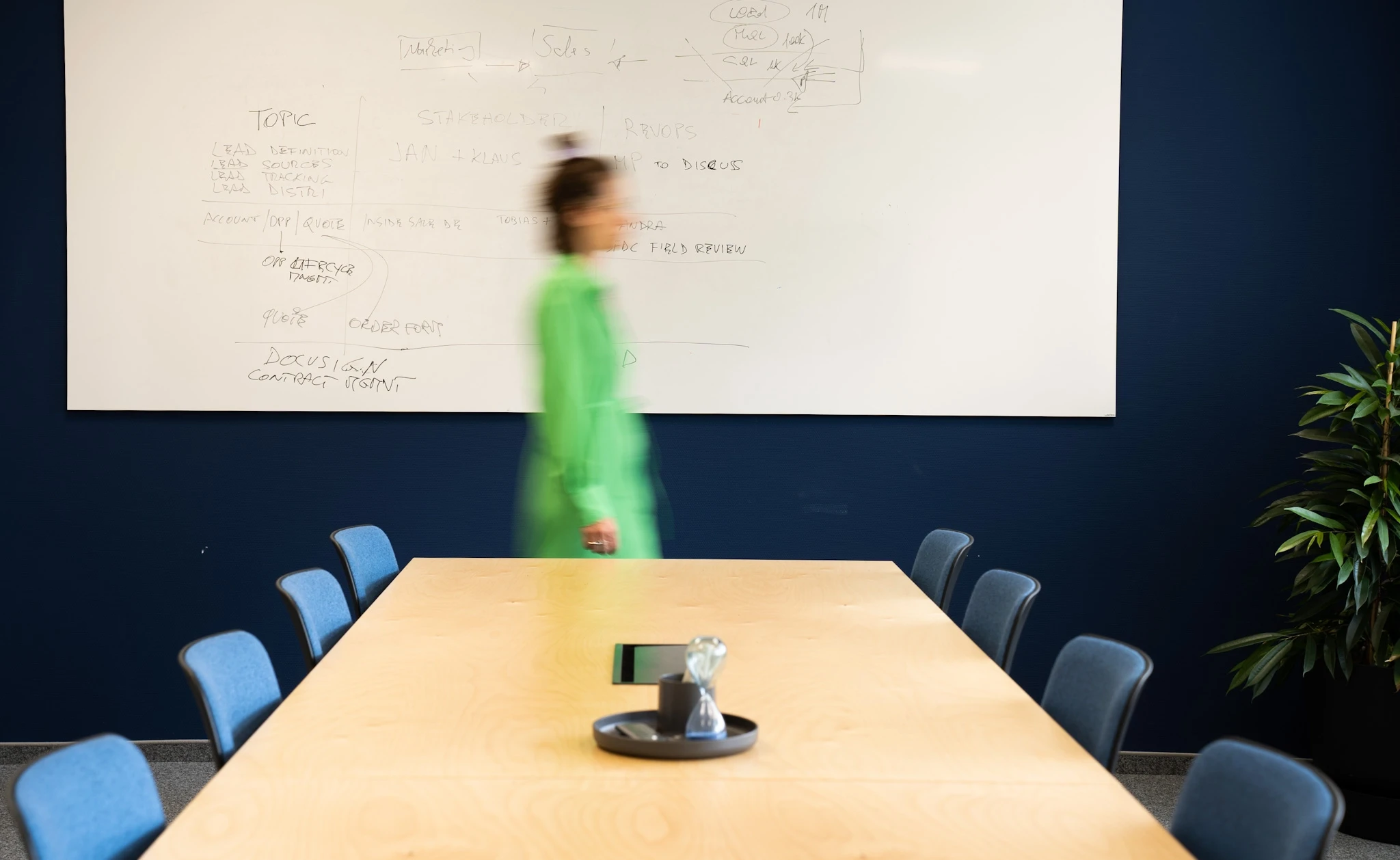 Conference room at NFON with a long wooden table, blue upholstered chairs, a large whiteboard full of sketches on a dark navy wall and a person in a green outfit walking past in motion blur.