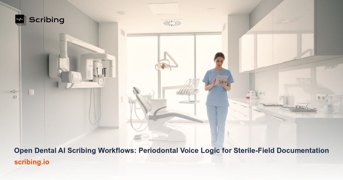 Dental professional performing periodontal probing in a sterile clinical environment with digital charting visible in the background, illustrating AI scribing workflows in Open Dental
