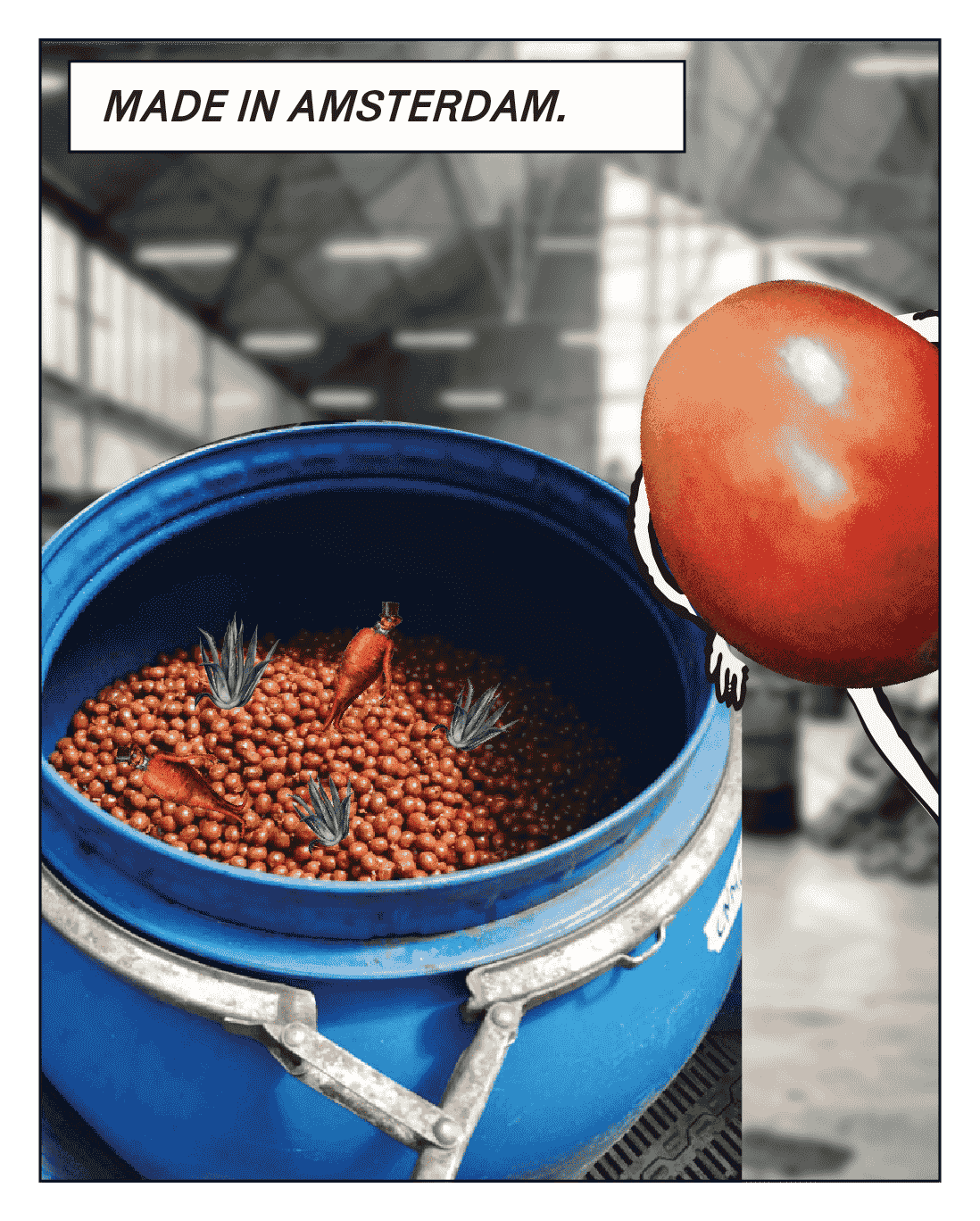Coffee cherry character overlooking a blue mixing drum filled with ingredients — caption “Made in Amsterdam.” representing local, sustainable production.