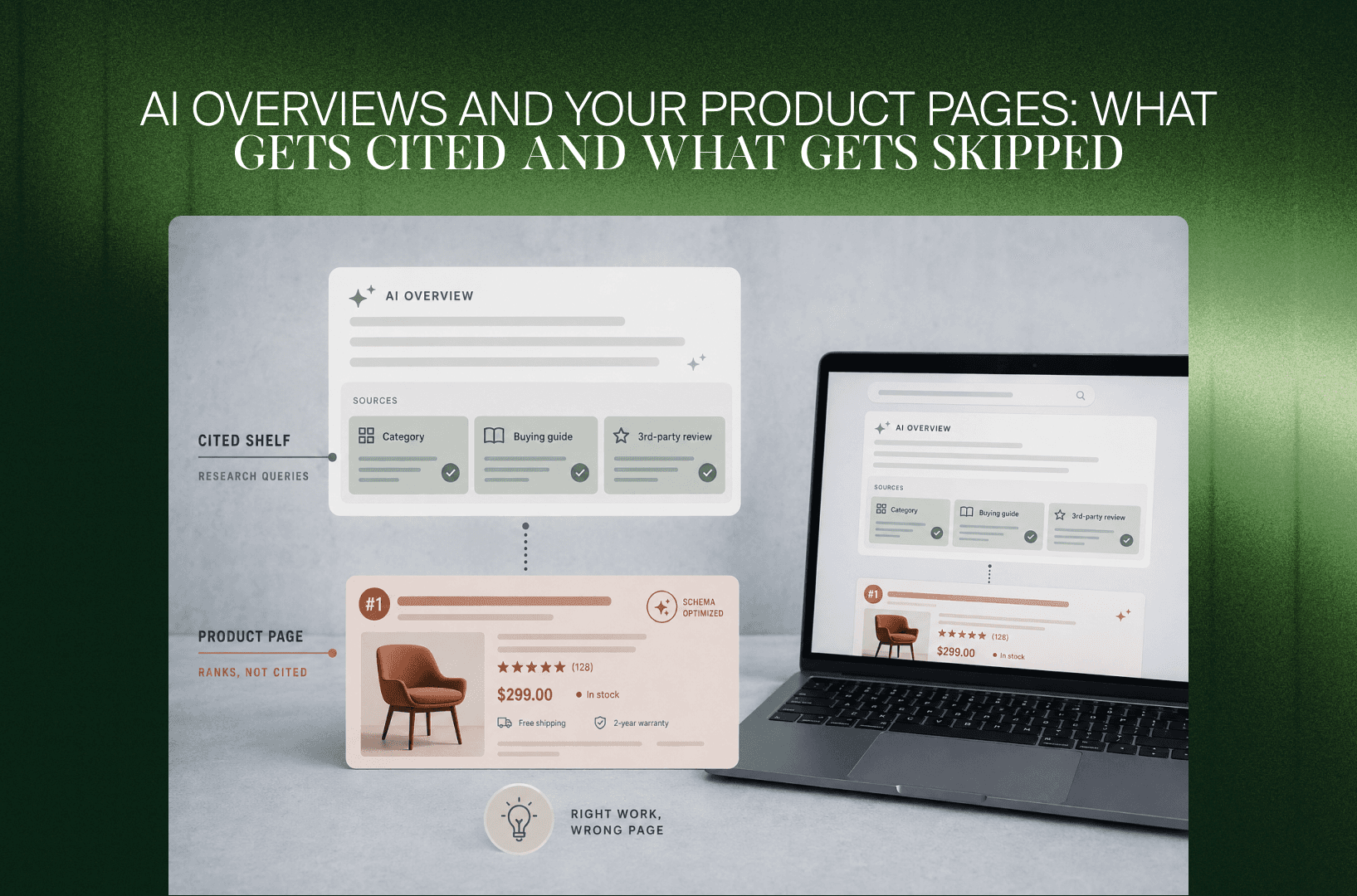 AI Overview zitiert Kategorieseiten, Kaufratgeber und externe Reviews, übergeht aber eine Produktseite mit einem Sessel
