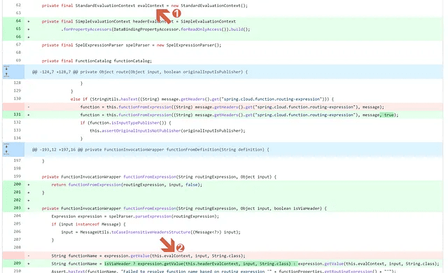 The deleted code (highlighted in red) utilizes the dangerously powerful StandardEvaluationContext.