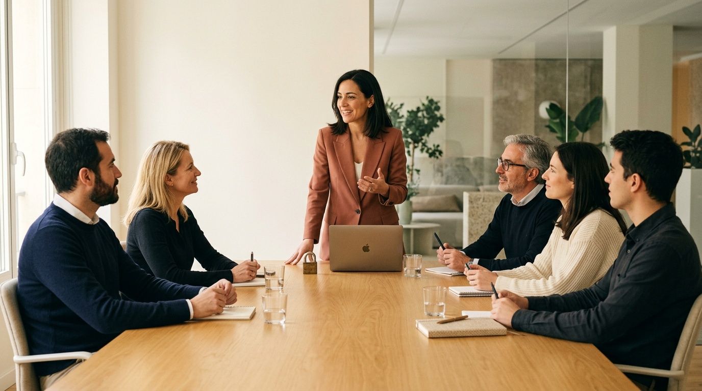 Profesionales en una reunión de negocios, una mujer de pie lidera la conversación, mientras otros escuchan atentamente. Mesa de madera con portátiles y cuadernos.