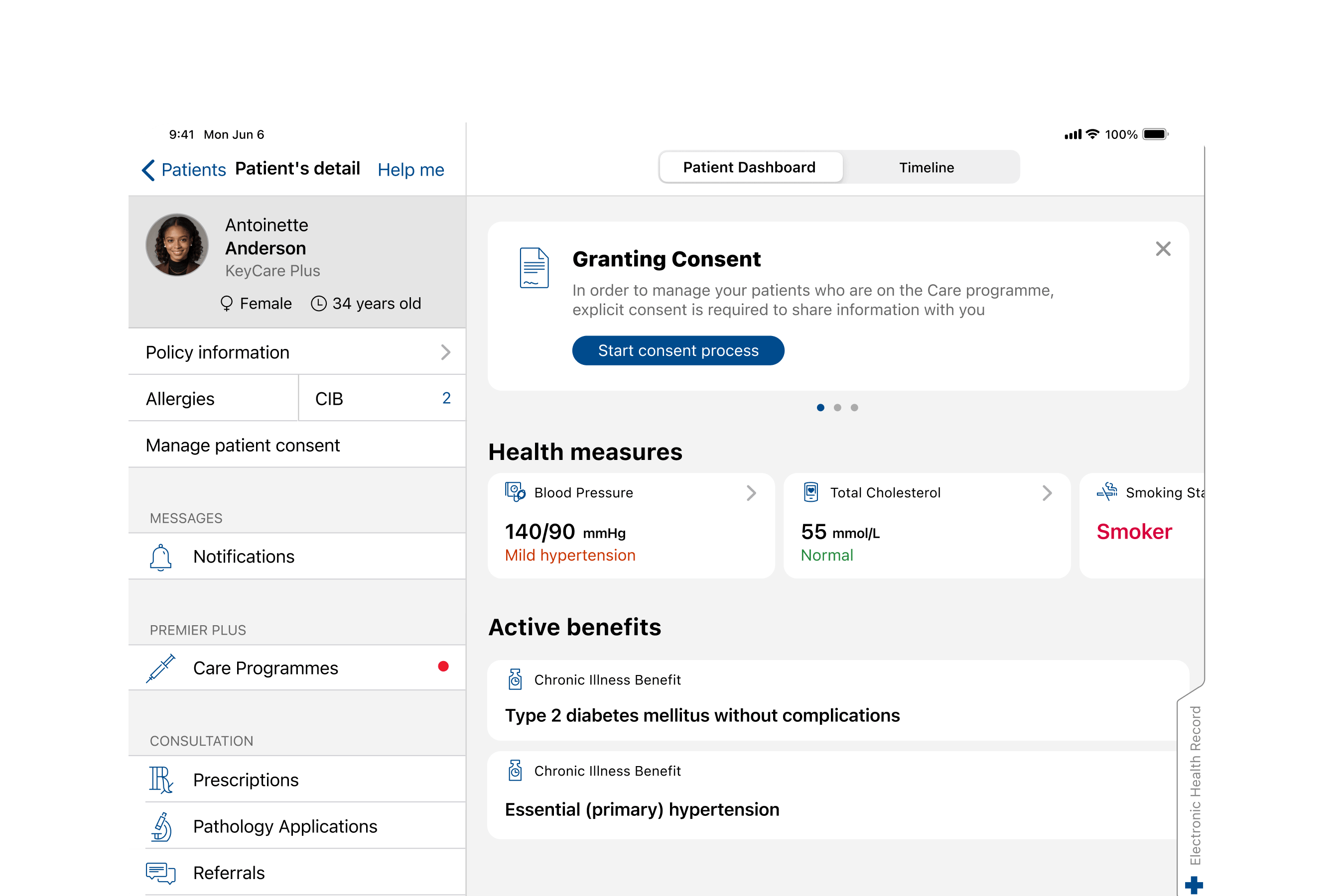 HealthID patient dashboard showing patient details, health measures, and active benefits.