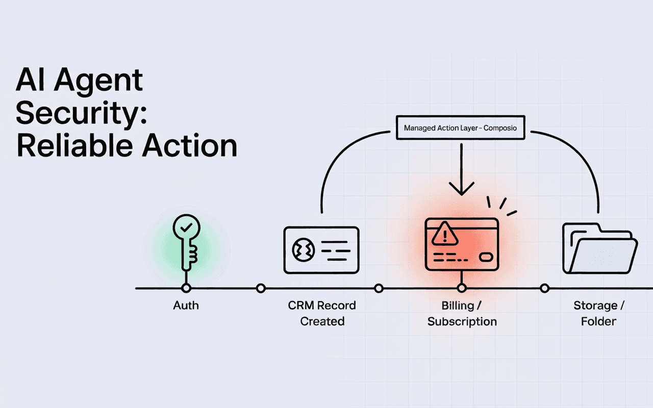Illustration of an AI-driven workflow where one step fails but a central “managed action layer” automatically rolls back previous steps, preventing data corruption. The image contrasts successful and failed nodes, emphasizing reliability as a core part of security.
