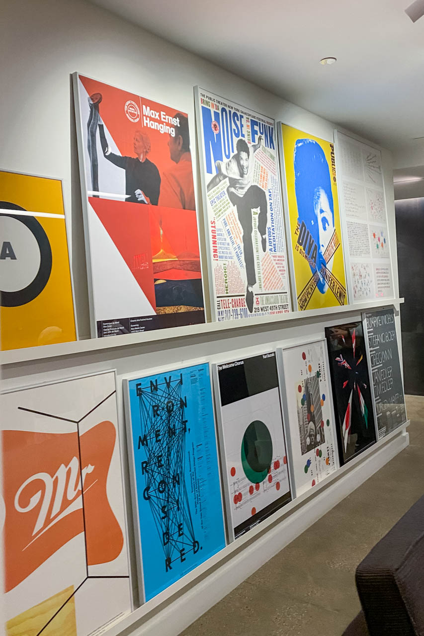row of colorful framed posters at the Pentagram headquarters