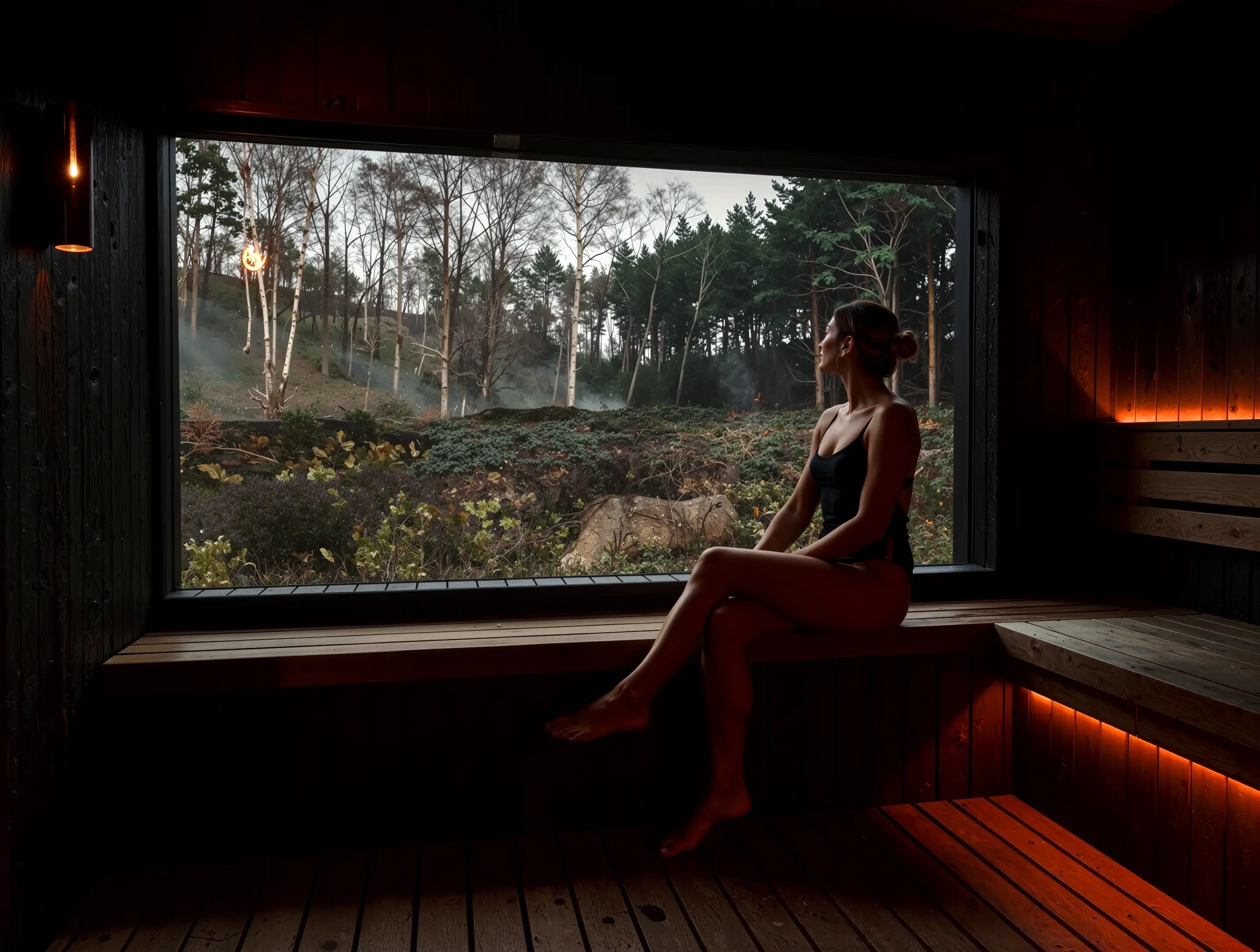 Camden's House — Woman seated in sauna looking out over East-Scotland landscape through large window