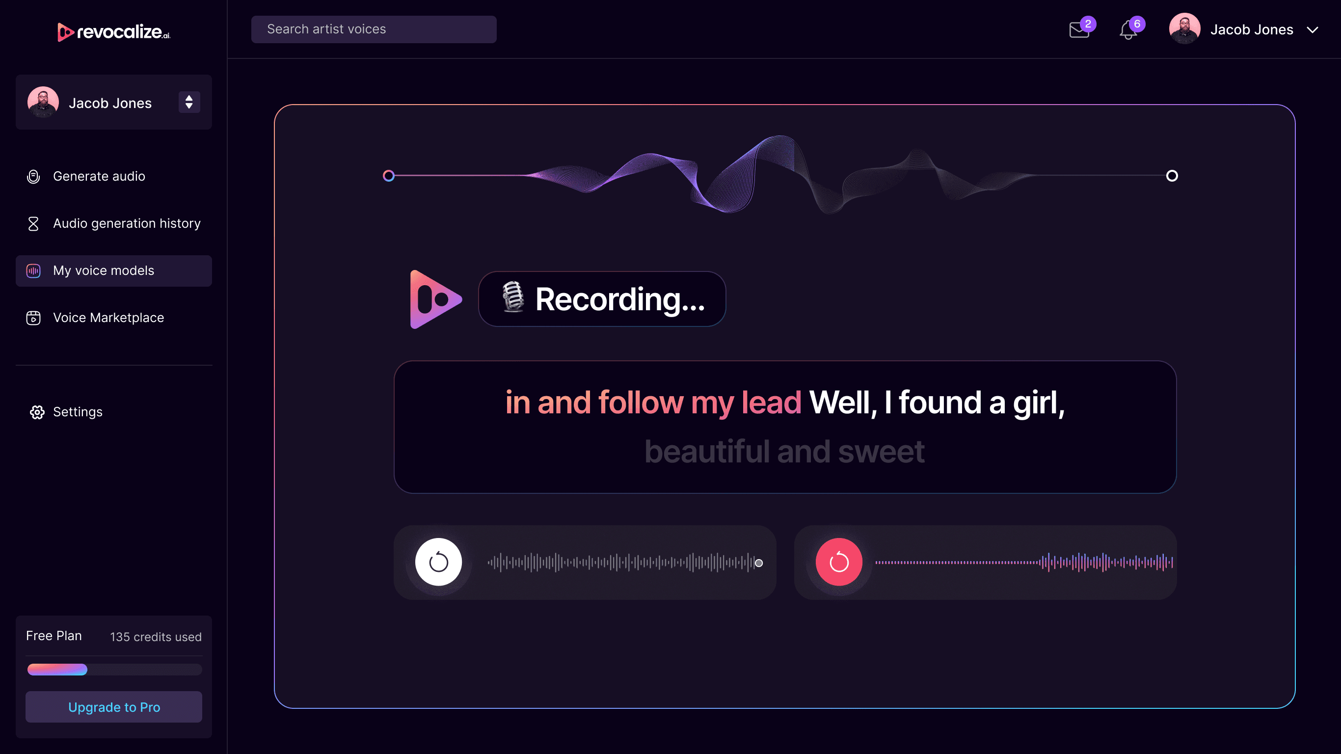 Web app screen for AI voice generator