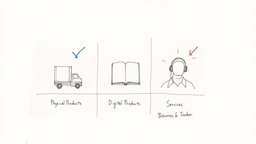 Illustration showing physical products with a truck, digital products with a book, and services with a person wearing headphones.