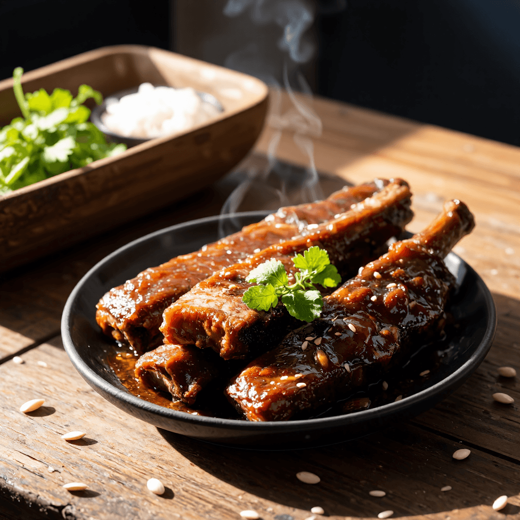 product photography of a plate of marinated beef ribs