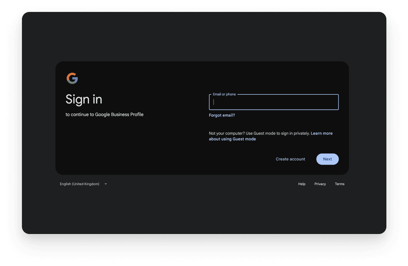 Sign-in page to access Google My Business, essential for Beverley web design companies to enhance local SEO.