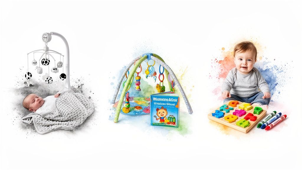 Three scenes: a newborn sleeping under a mobile, a colorful play mat with toys, and a smiling baby with a wooden alphabet puzzle.