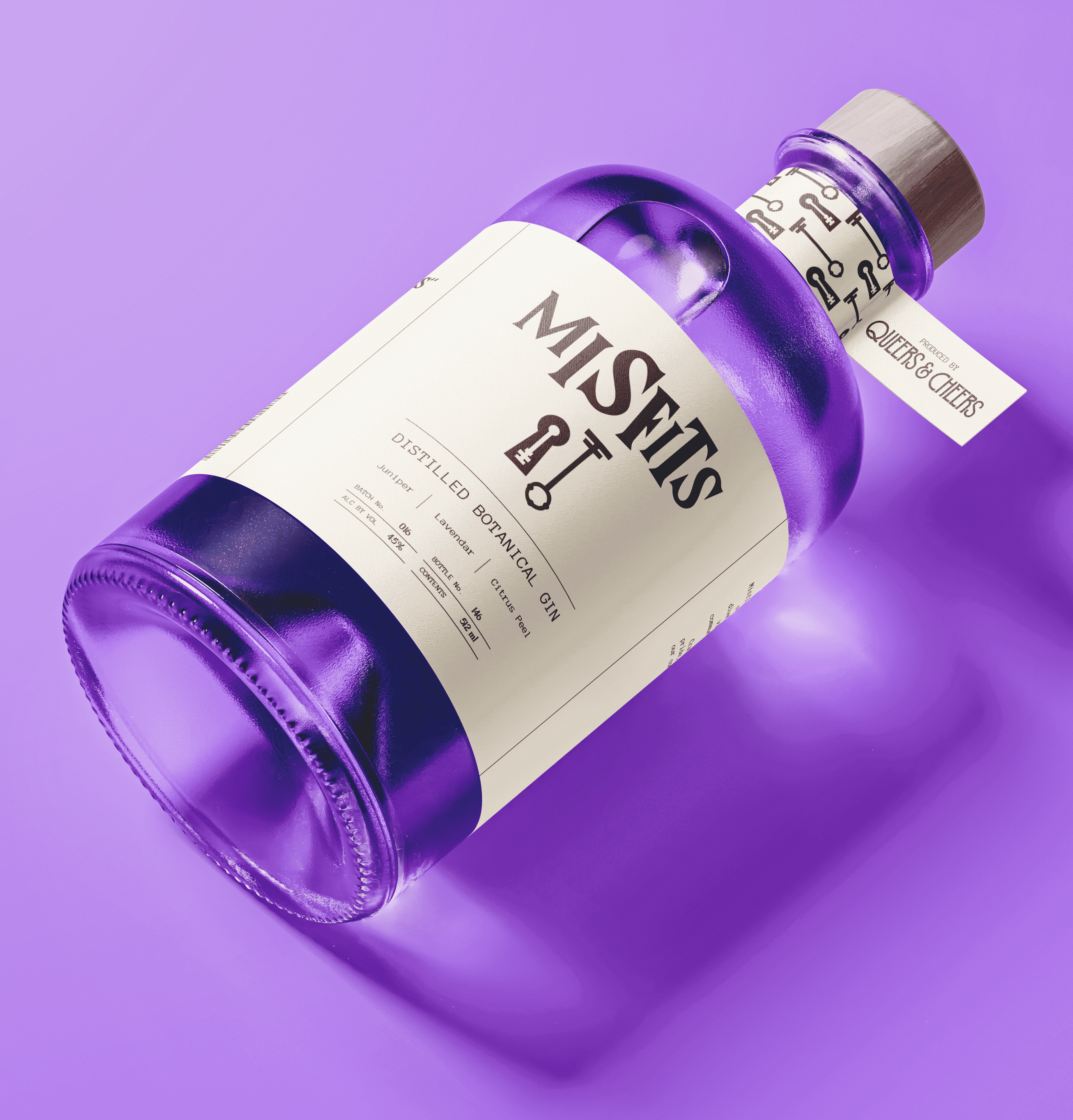 Purple Misfits Gin bottle with white label, lying on a purple surface.