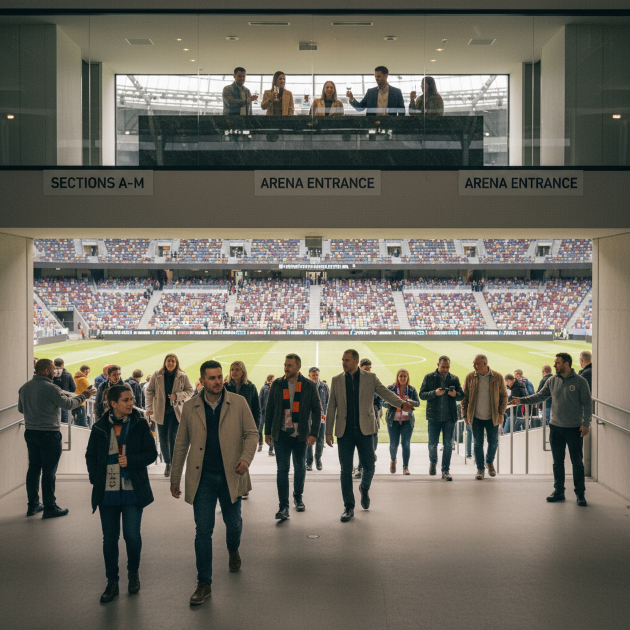 Ein beleuchteter Zugangstunnel führt in eine Arena, in der die Zuschauerplätze nach und nach gefüllt werden. Gäste mit Schals passieren Ordner, die Wege weisen. In einer Loge stoßen Menschen mit Gläsern an. Ein Blick über die Tribüne zeigt bunte Blockreihen und gespannte Gesichter.