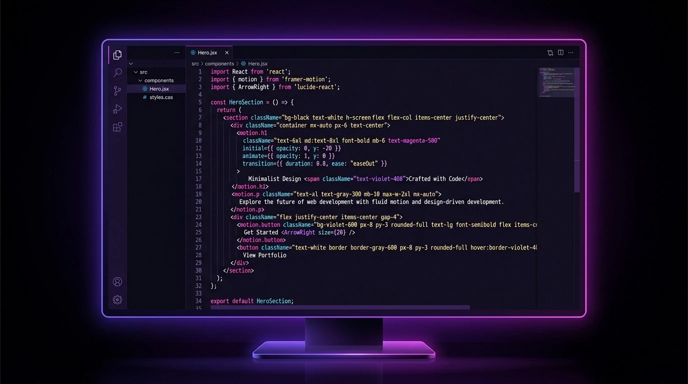 A close-up of a modern code editor displaying clean website code for a high-performance Framer or Webflow build, lit by a soft purple glow on a dark background.
