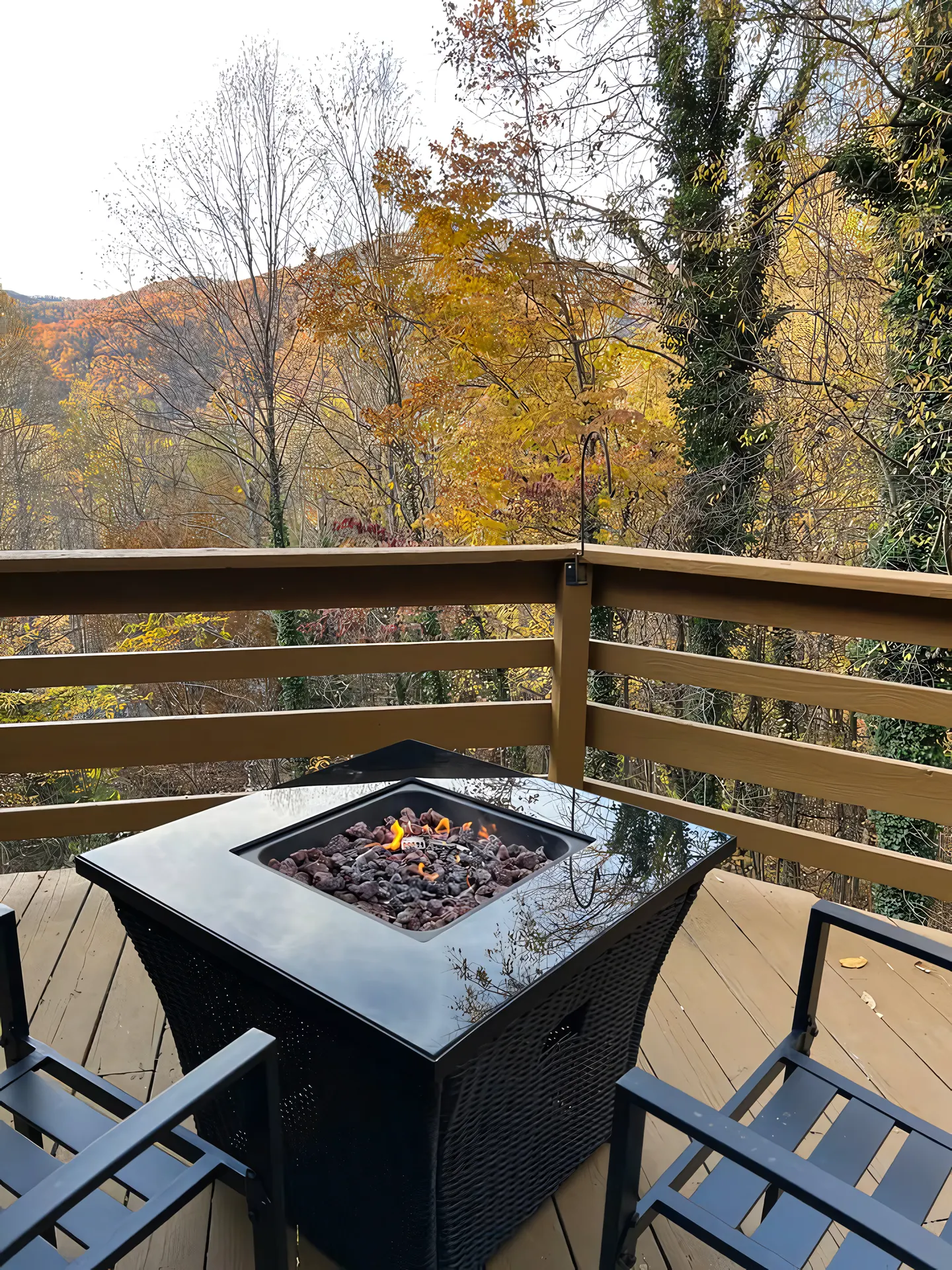 Gas fire table on the Bella Vita deck in fall
