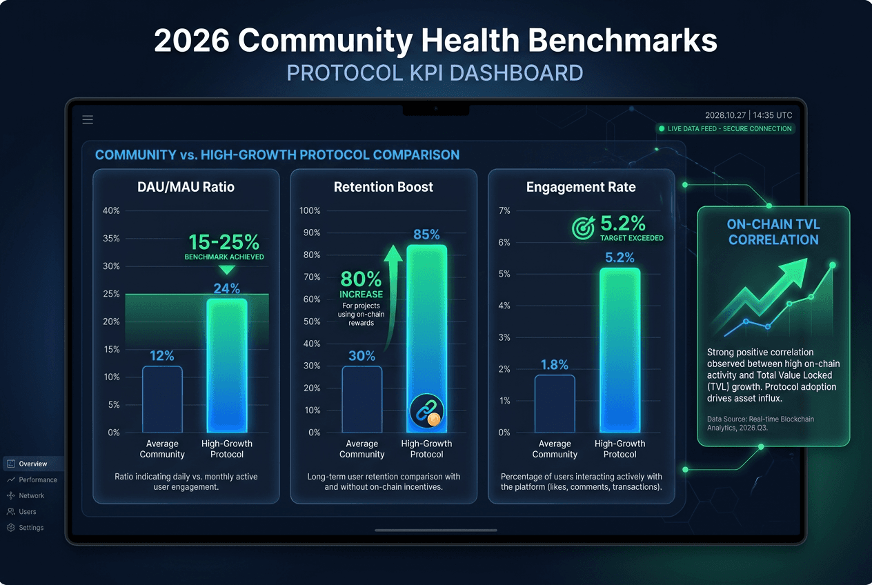 Web3 community management dashboard showing benchmarks for DAU/MAU ratios, 80% retention boosts, and 5.2% influencer engagement rates.