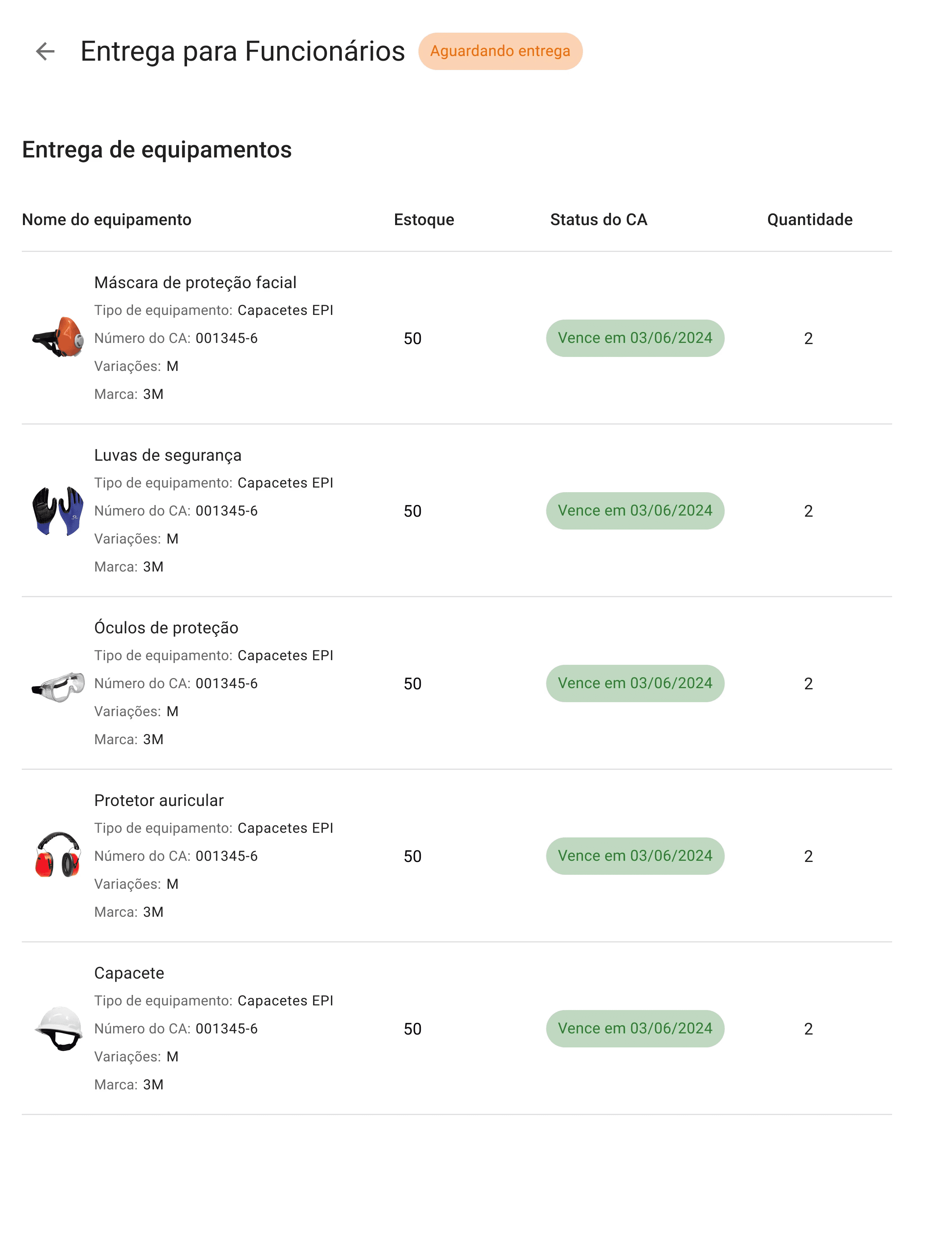Tela do sistema da GAP, mostrando o registro das entregas de EPI feitas a um colaborador