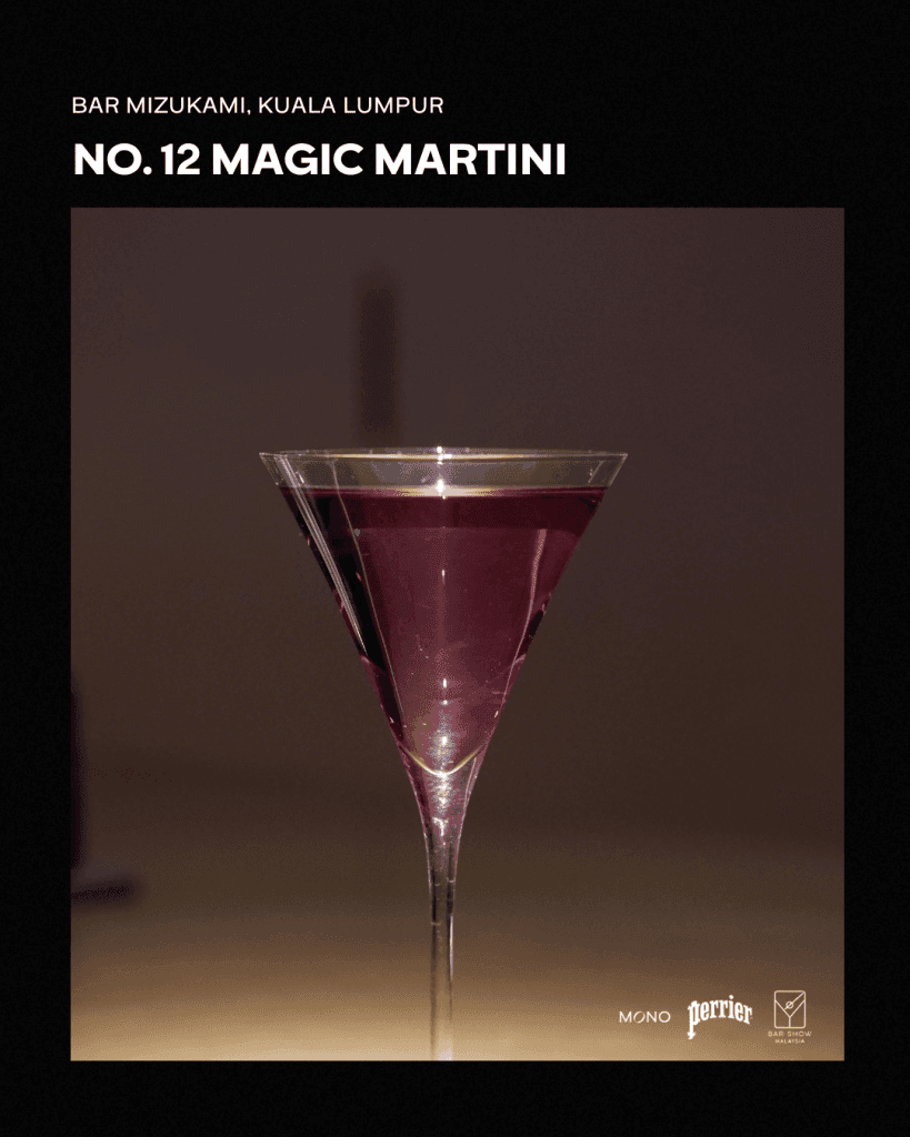 A close-up of a purple Magic Martini served in a sleek martini glass, showcased as part of the Bar Mizukami, Kuala Lumpur cocktail rankings.