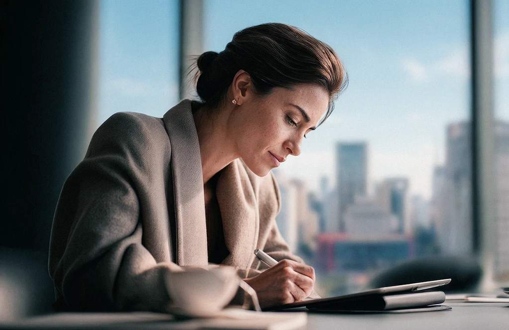 Executiva escrevendo em tablet com caneta digital, xícara de café ao lado e vista da cidade ao fundo. Blog post Inspira.