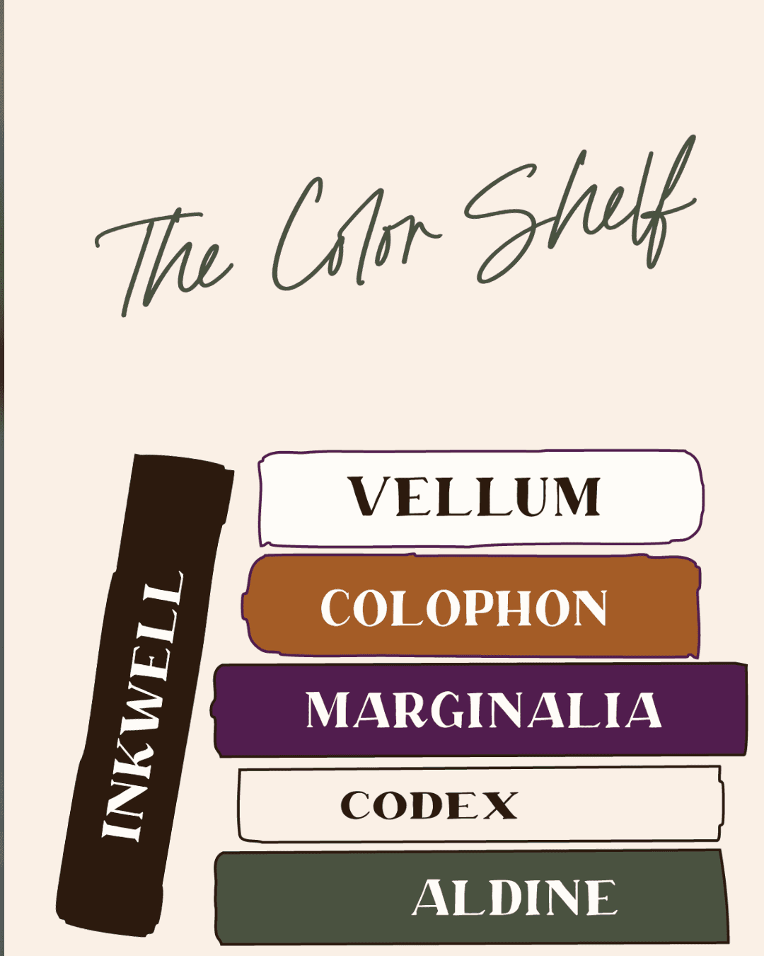 A hand-drawn stack of books illustrating The Booknook color palette, labeled Vellum, Colophon, Marginalia, Codex, Aldine, and Inkwell, under the heading 'The Color Shelf' in dark green script.