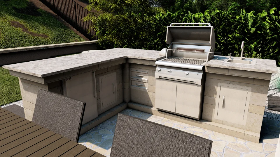 The outdoor kitchen with stone counters and a built-in stainless steel grill. Adjacent to the grill, there is a small sink. Underneath the counter, there are storage cabinets and drawers designed for outdoor use that match the overall stone aesthetic. 