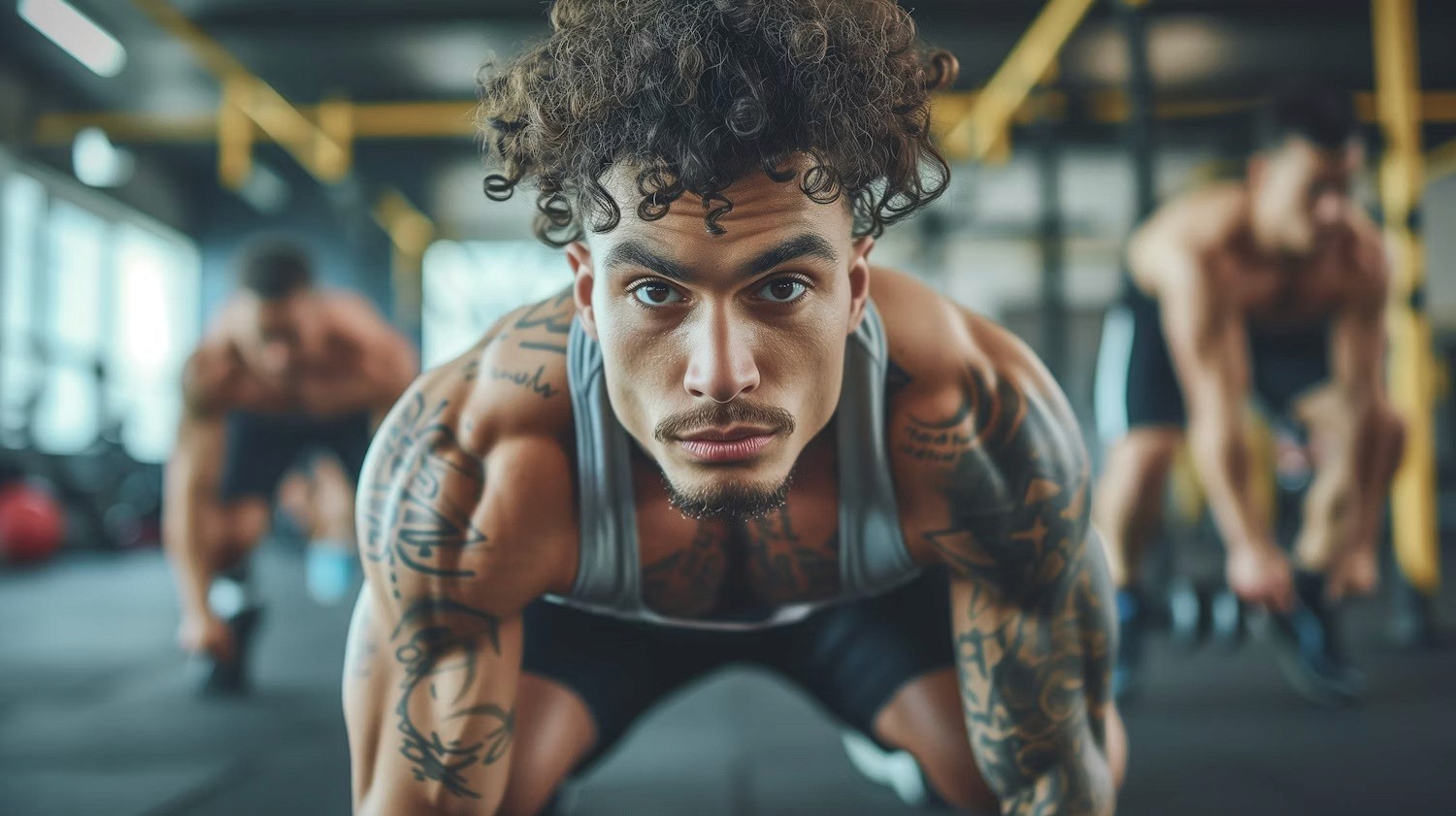 Tattooed man with curly hair intensely doing push-ups in gym.