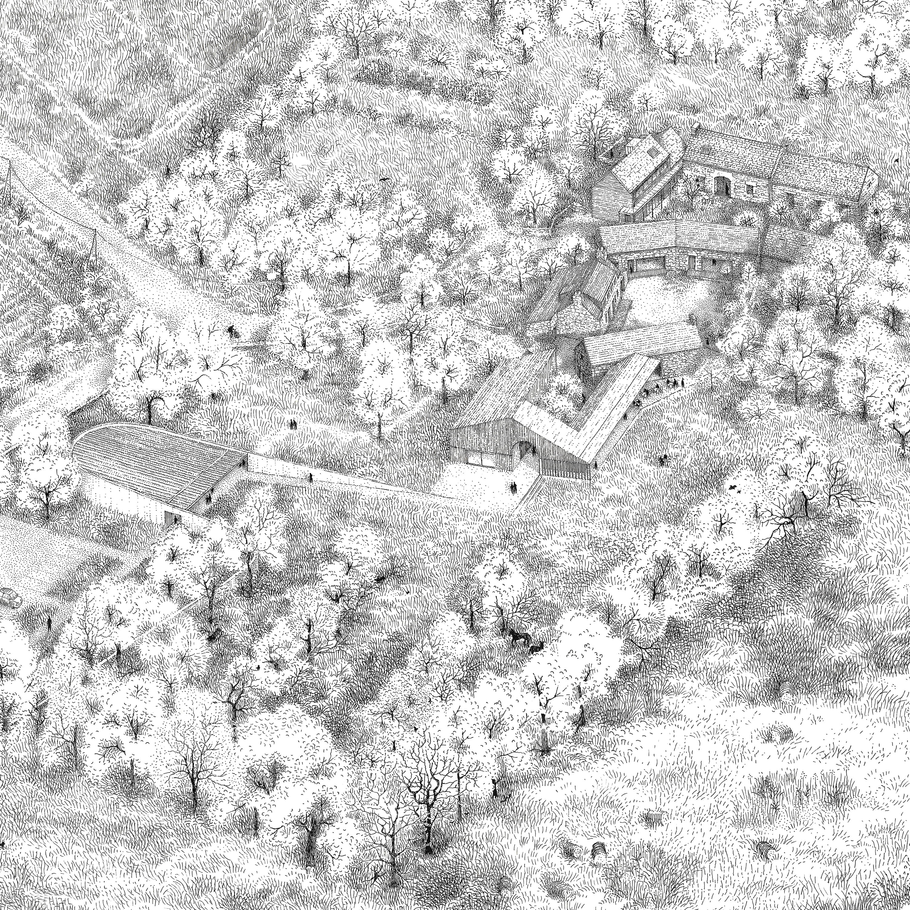 A detailed black and white aerial view of a densely populated urban area with buildings and streets.