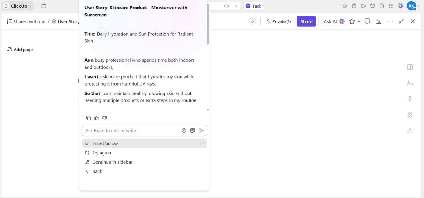 ClickUp Brain：AIを使って数クリックで文章を作成