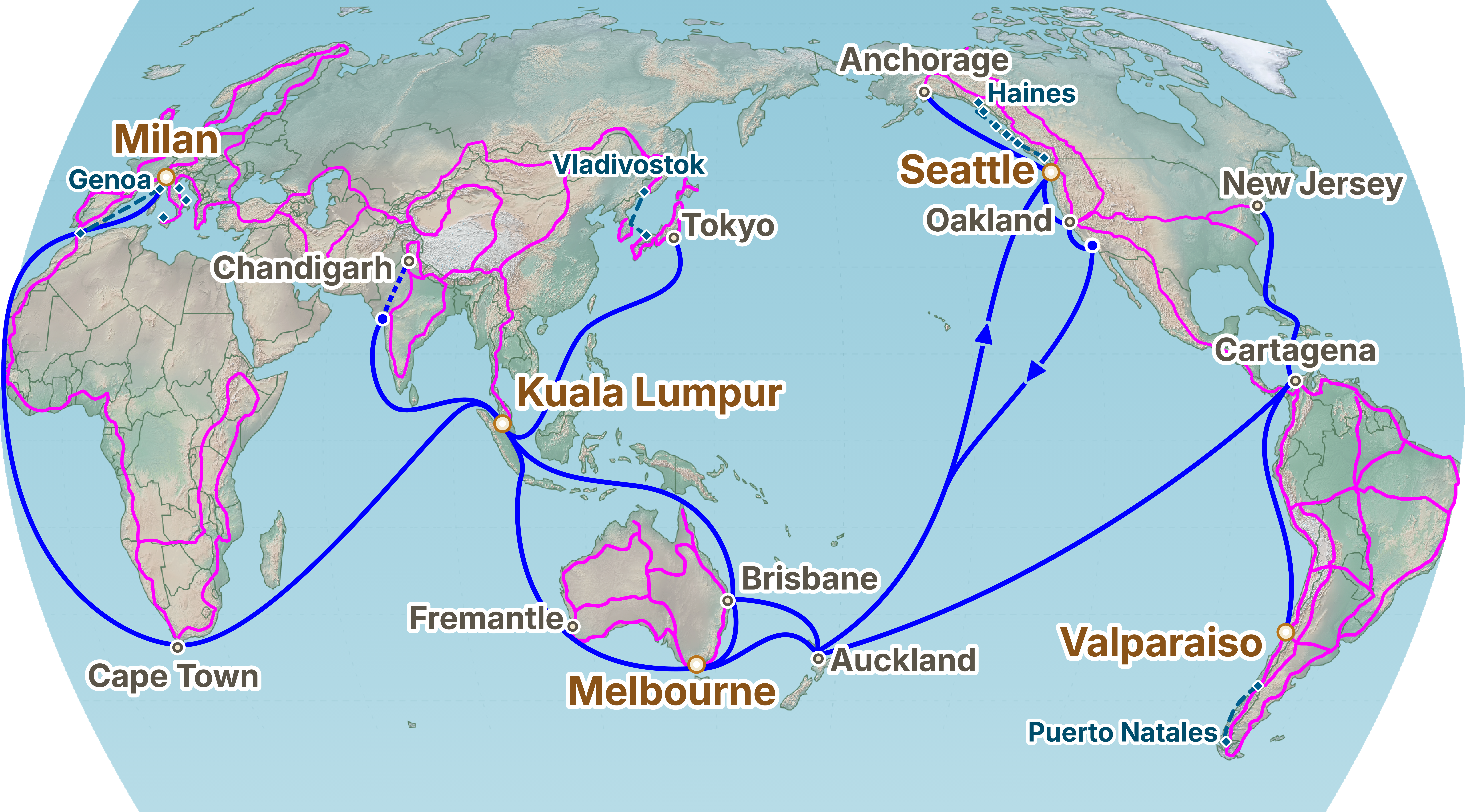 World map showing Own Bike Odyssey primary and secondary motorcycle shipping depots and RoRo ferry links