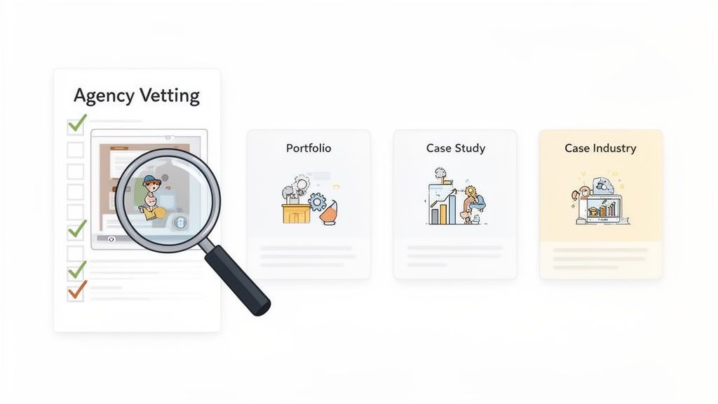 An agency vetting checklist with a magnifying glass examining a digital interface, alongside cards for portfolio, case study, and case industry.