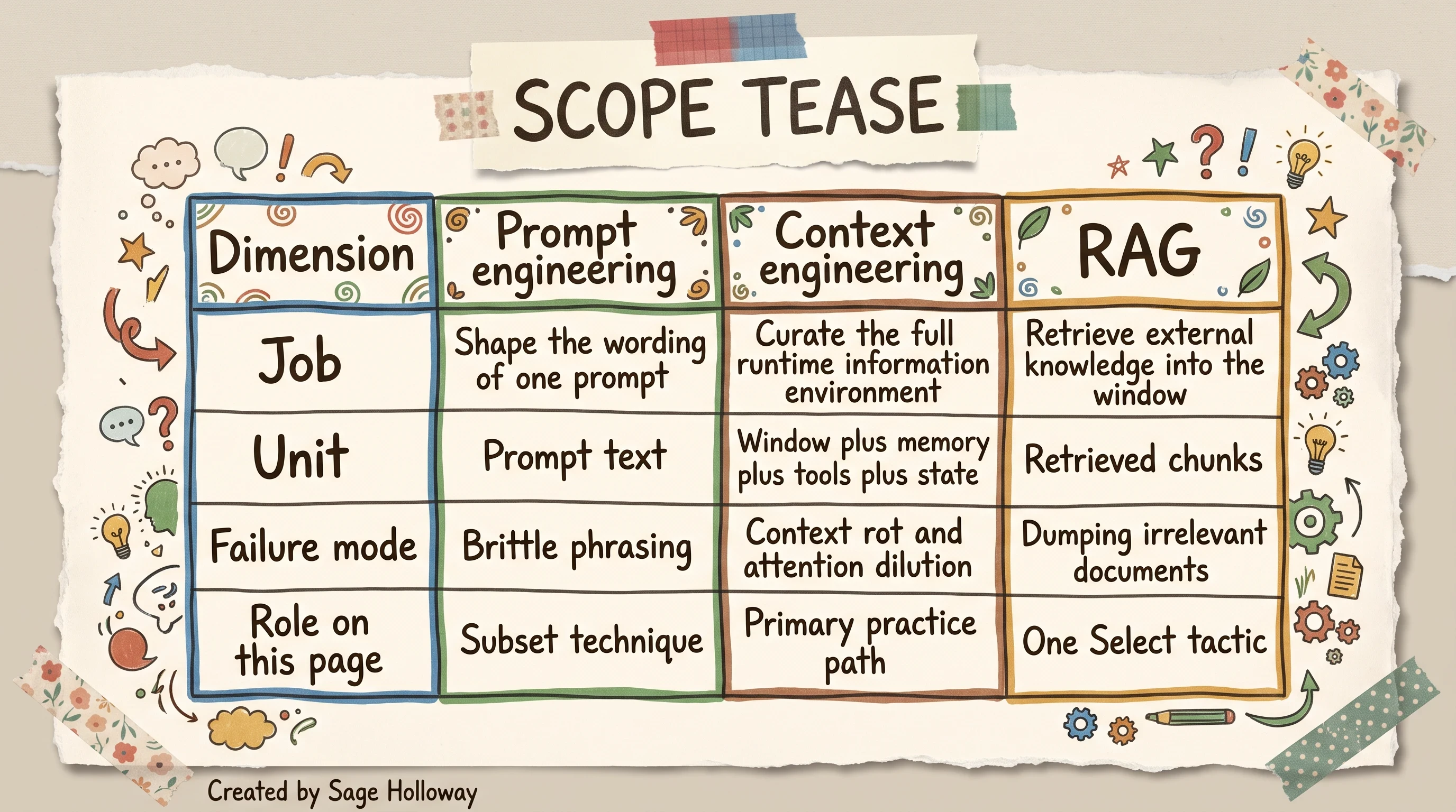 Comparison table of prompt engineering, context engineering, and RAG scope