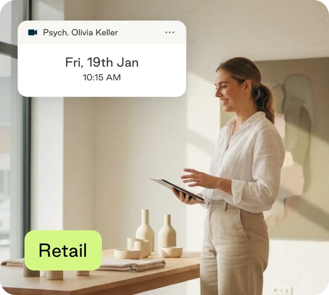 A retail worker with a tablet, and a booked psychologist appointment