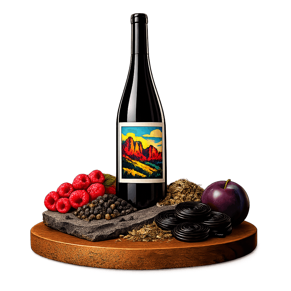 Artistic label and flavor profile for Spanish Montsant Red on a rustic wooden table.