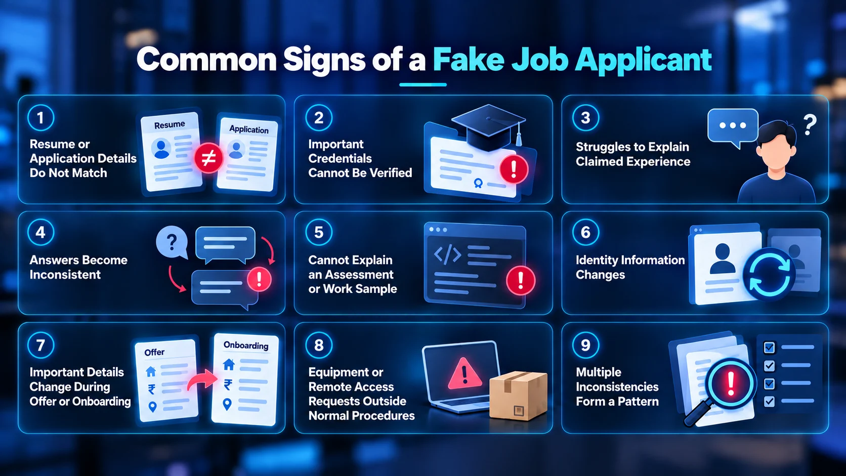 Common signs of a fake job applicant shown in nine warning indicators.