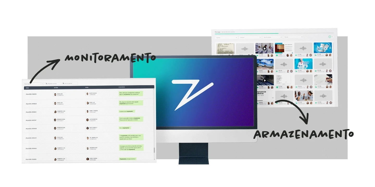 Monitor com o símbolo de Zapper e duas telas mostrando as soluções de monitoramento e armazenamento da ferramenta