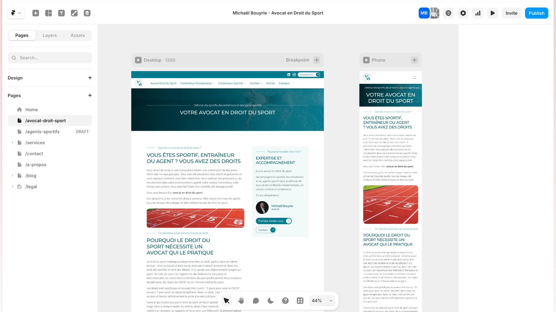 Architecture technique sur Framer lors de la création d'un site internet pour avocat.