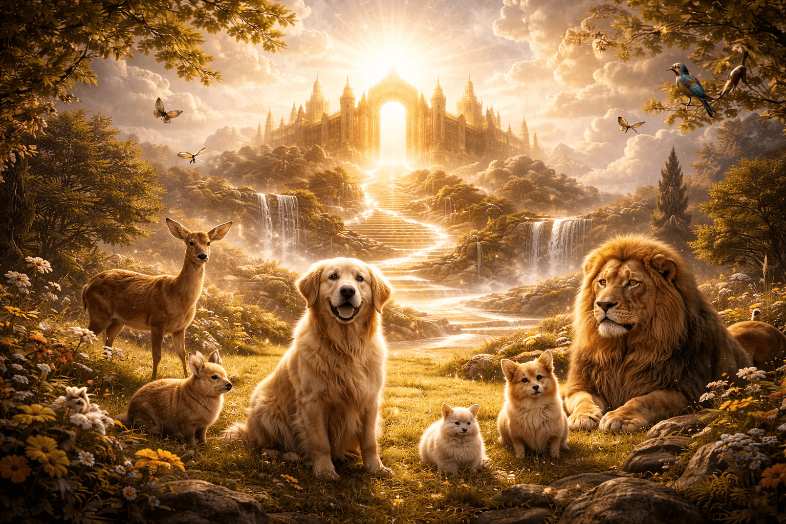 Peaceful heavenly scene with pets and wild animals, representing what the Bible says about animals in heaven
