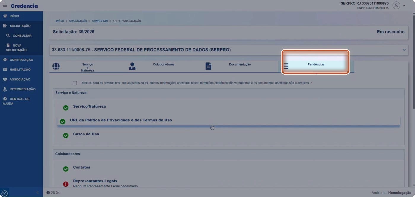 Captura de tela de referência do Credencia para Passo 1 — Abrir e conferir a etapa Pendências. Contexto: 31 — Pendências.