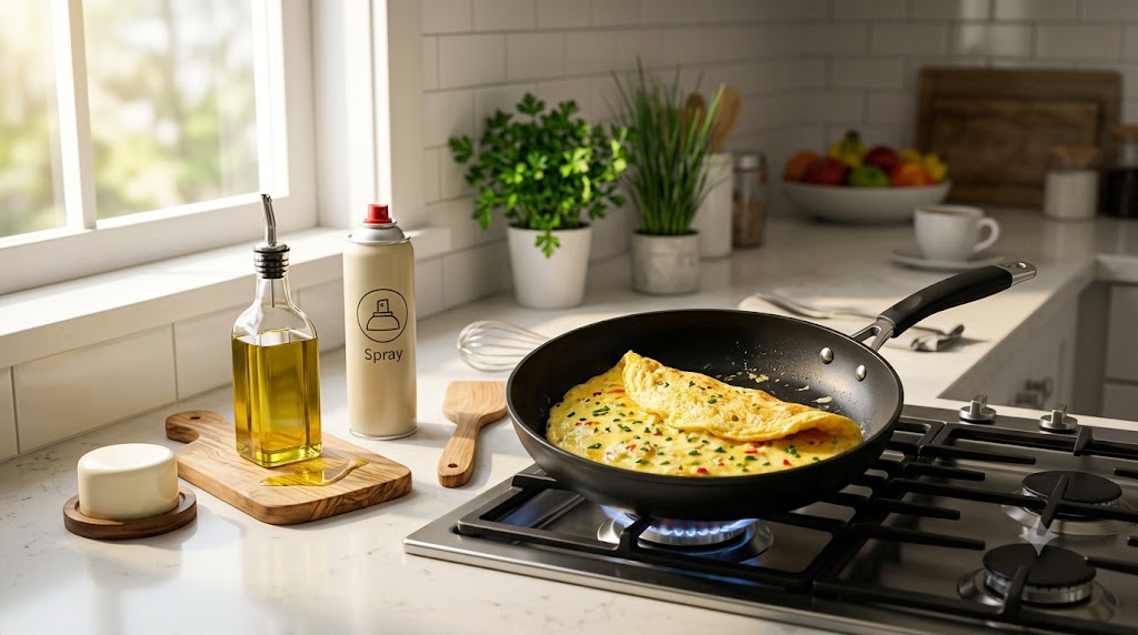 A delicious and healthy omelette is being cooked in a frying pan on a stove top with olive oil and cooking spray in a bright and airy kitchen. The omelette is filled with fresh vegetables. A wooden spatula is placed next to the pan. A window can be seen in the background.
