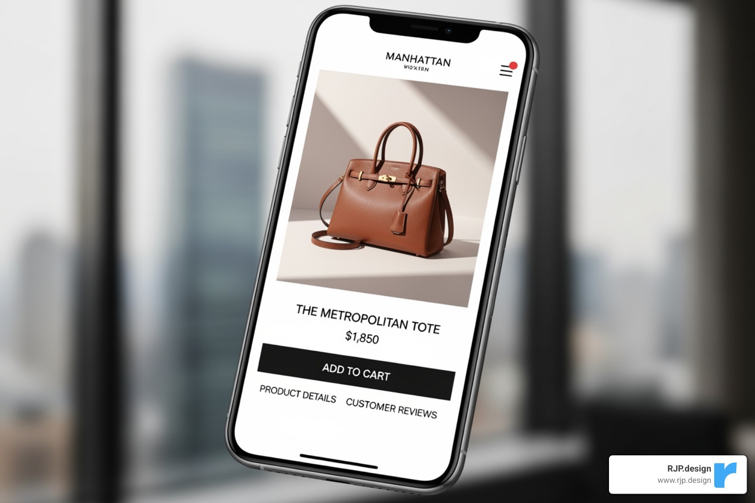 Elegant e-commerce product page on a smartphone, showcasing high-quality product photography and a clean, minimalist design typical of Manhattan luxury brands. - ecommerce website design in manhattan