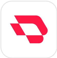 Digital icon featuring a bold red letter 'D' designed with geometric cuts, giving it a modern and dynamic appearance. The letter is centered on a white square background, symbolizing a digital app or brand logo. 